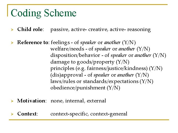 Coding Scheme Ø Ø Child role: passive, active- creative, active- reasoning Reference to: feelings