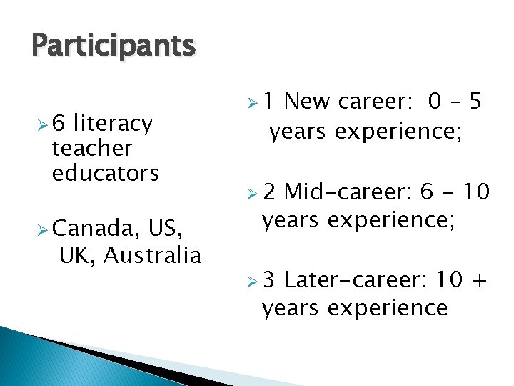 Participants Ø 6 literacy teacher educators Ø Canada, US, UK, Australia Ø 1 New