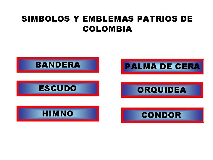 SIMBOLOS Y EMBLEMAS PATRIOS DE COLOMBIA BANDERA PALMA DE CERA ESCUDO ORQUIDEA HIMNO CONDOR