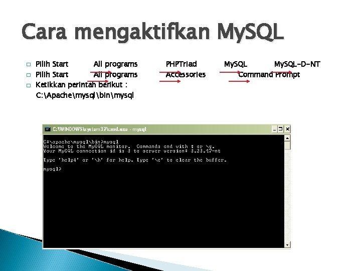 Cara mengaktifkan My. SQL � � � Pilih Start All programs Ketikkan perintah berikut