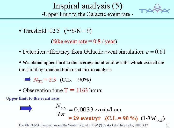 Inspiral analysis (5) -Upper limit to the Galactic event rate - • Threshold=12. 5