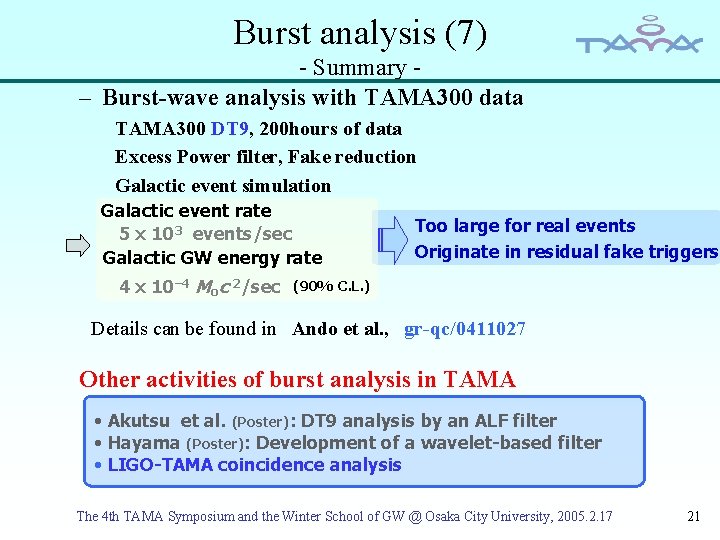 Burst analysis (7) - Summary – Burst-wave analysis with TAMA 300 data TAMA 300