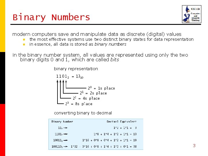 Binary Numbers modern computers save and manipulate data as discrete (digital) values n n