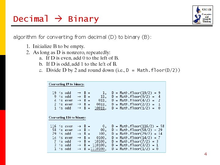 Decimal Binary algorithm for converting from decimal (D) to binary (B): 4 