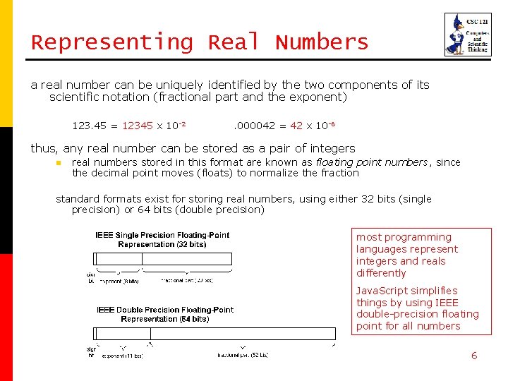 Representing Real Numbers a real number can be uniquely identified by the two components