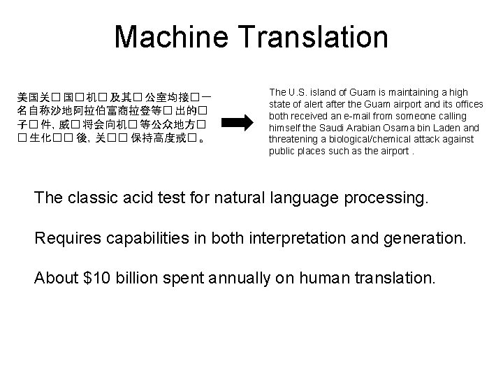 Machine Translation 美国关� 国� 机� 及其� 公室均接� 一 名自称沙地阿拉伯富商拉登等� 出的� 子� 件，威� 将会向机� 等公众地方�