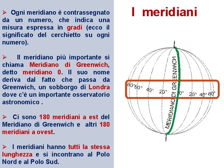 Ø Ogni meridiano è contrassegnato da un numero, che indica una misura espressa in