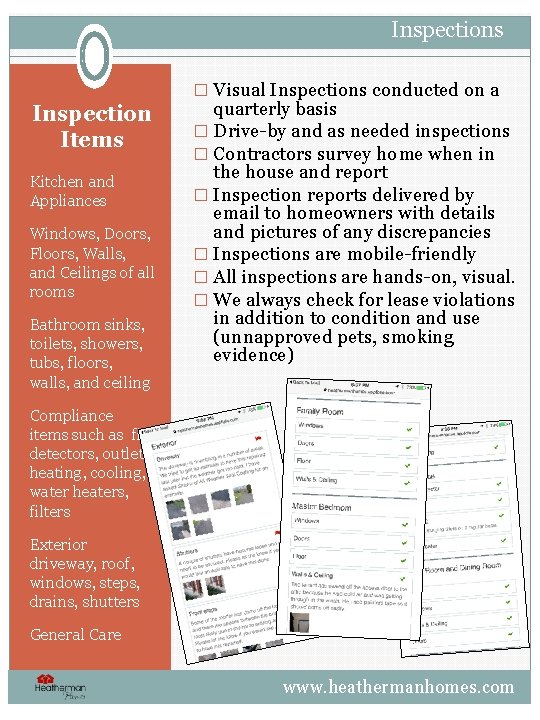 Inspections � Visual Inspections conducted on a Inspection Items Kitchen and Appliances Windows, Doors,