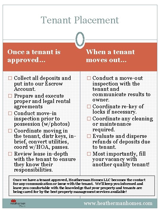 Tenant Placement Once a tenant is approved… When a tenant moves out… � Collect