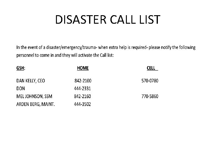 DISASTER CALL LIST 