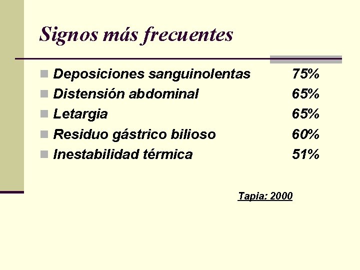 Signos más frecuentes n Deposiciones sanguinolentas n Distensión abdominal n Letargia n Residuo gástrico Signos más frecuentes n Deposiciones sanguinolentas n Distensión abdominal n Letargia n Residuo gástrico