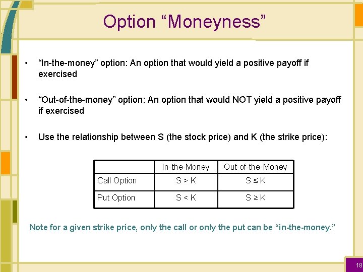 Option “Moneyness” • “In-the-money” option: An option that would yield a positive payoff if
