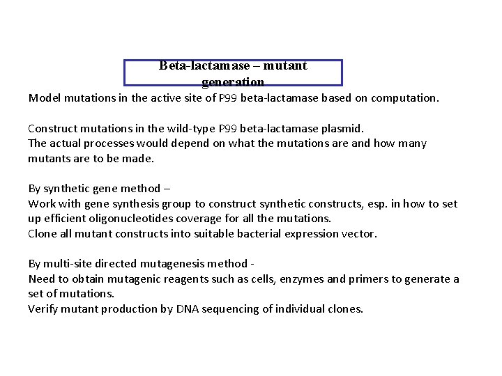 Beta-lactamase – mutant generation Model mutations in the active site of P 99 beta-lactamase