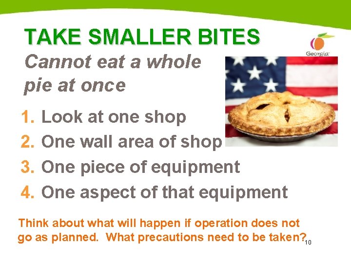 TAKE SMALLER BITES Cannot eat a whole pie at once 1. 2. 3. 4. TAKE SMALLER BITES Cannot eat a whole pie at once 1. 2. 3. 4.