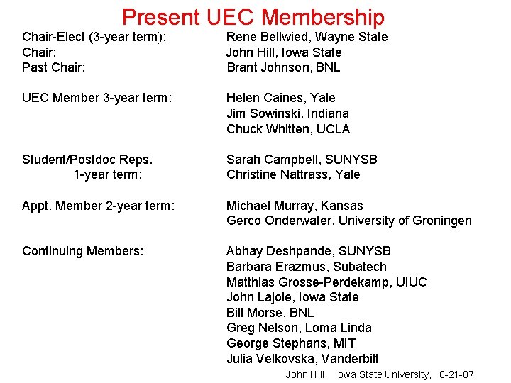 Present UEC Membership Chair-Elect (3 -year term): Chair: Past Chair: Rene Bellwied, Wayne State