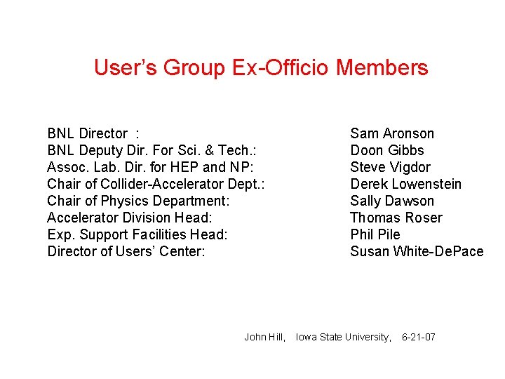 User’s Group Ex-Officio Members BNL Director : BNL Deputy Dir. For Sci. & Tech.