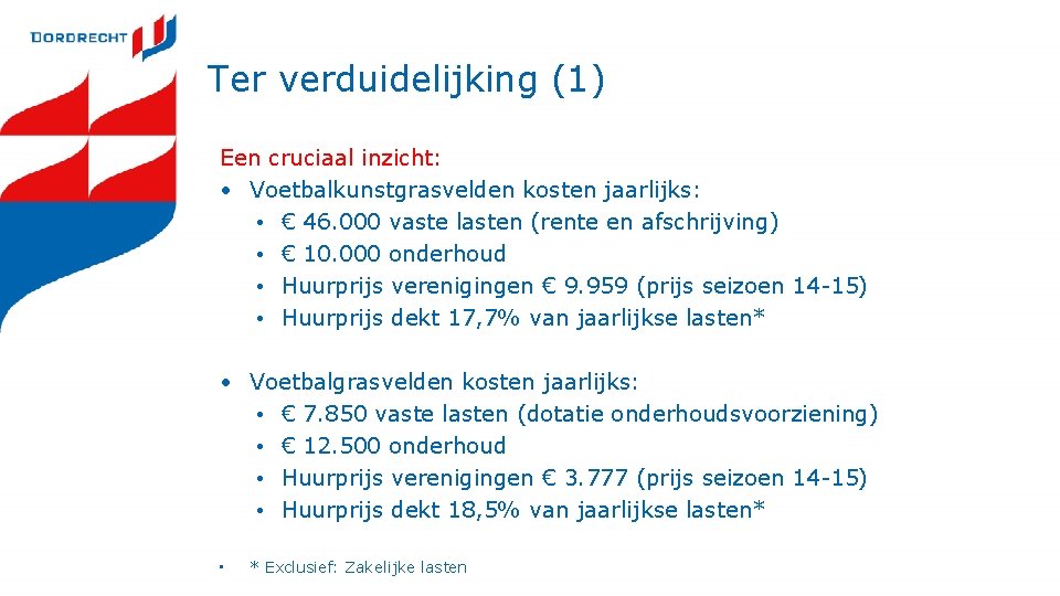 Ter verduidelijking (1) Een cruciaal inzicht: • Voetbalkunstgrasvelden kosten jaarlijks: • € 46. 000