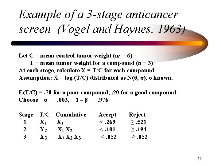 Example of a 3 -stage anticancer screen (Vogel and Haynes, 1963) Let C =