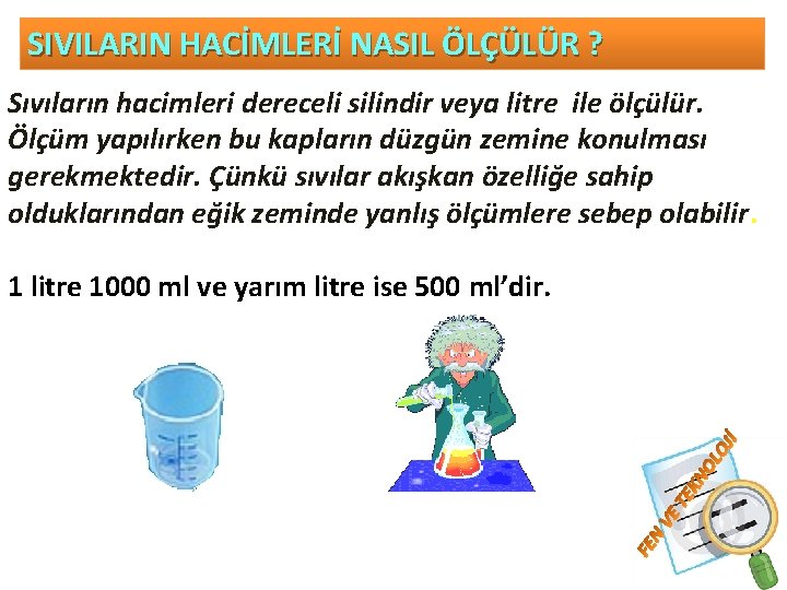 SIVILARIN HACİMLERİ NASIL ÖLÇÜLÜR ? Sıvıların hacimleri dereceli silindir veya litre ile ölçülür. Ölçüm