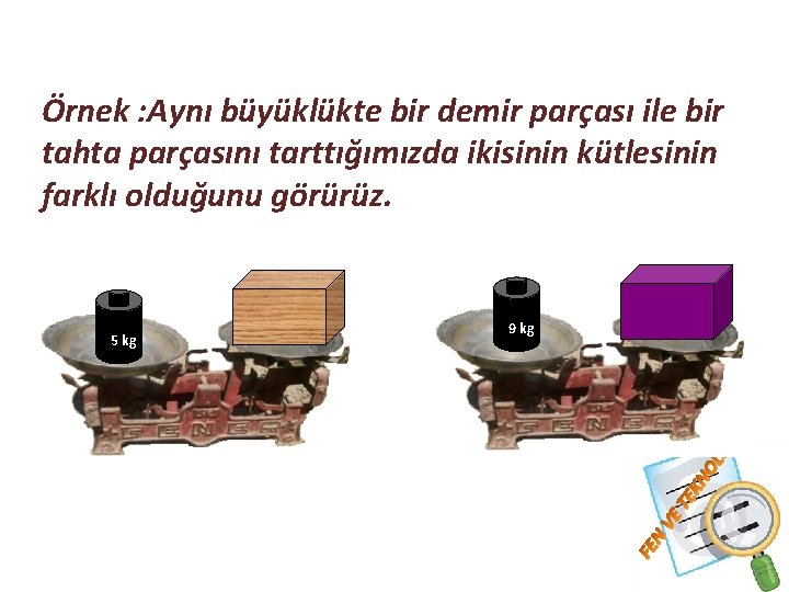 Aynı büyüklükte olan maddelerin kütleleri farklı olabilir. Örnek : Aynı büyüklükte bir demir parçası