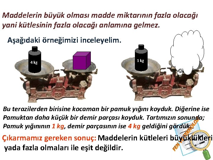 Maddelerin büyük olması madde miktarının fazla olacağı yani kütlesinin fazla olacağı anlamına gelmez. Aşağıdaki