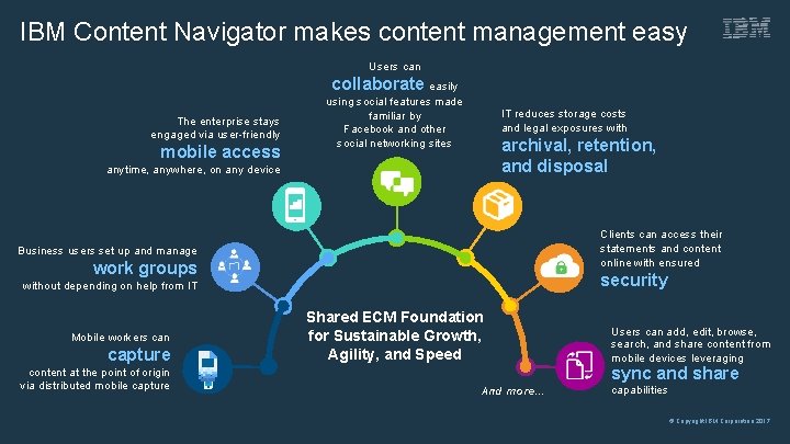 IBM Content Navigator makes content management easy Users can collaborate easily The enterprise stays