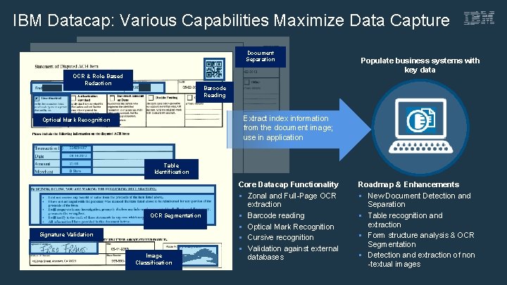 IBM Datacap: Various Capabilities Maximize Data Capture Document Separation OCR & Role-Based Redaction Populate