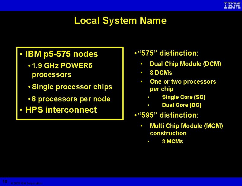 Local System Name • IBM p 5 -575 nodes • 1. 9 GHz POWER