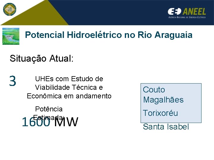 Potencial Hidroelétrico no Rio Araguaia Situação Atual: 3 UHEs com Estudo de Viabilidade Técnica