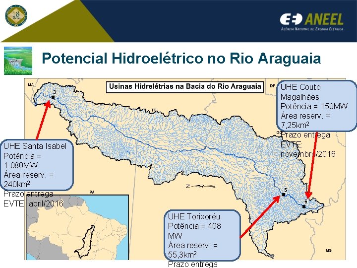 Potencial Hidroelétrico no Rio Araguaia UHE Couto Magalhães Potência = 150 MW Área reserv.