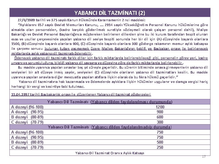 YABANCI DİL TAZMİNATI (2) 27/6/1989 tarihli ve 375 sayılı Kanun Hükmünde Kararnamenin 2 nci