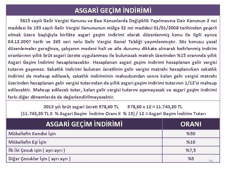 ASGARİ GEÇİM İNDİRİMİ 5615 sayılı Gelir Vergisi Kanunu ve Bazı Kanunlarda Değişiklik Yapılmasına Dair