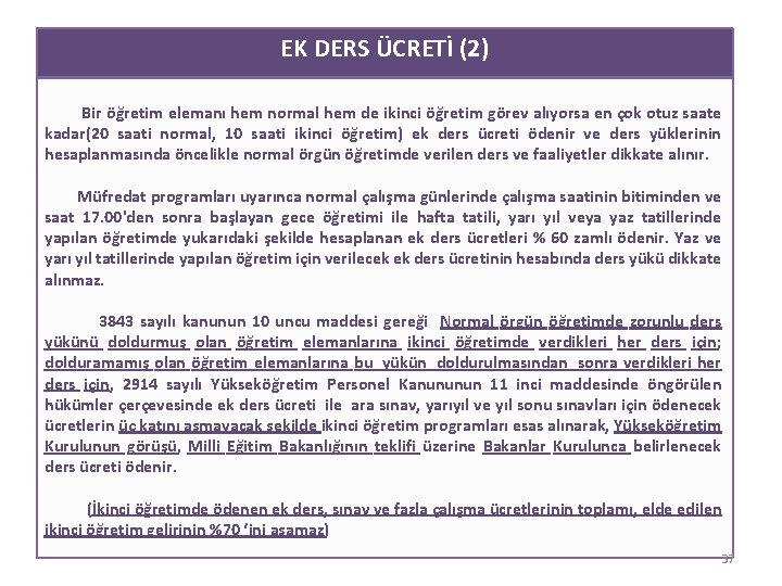 EK DERS ÜCRETİ (2) Bir öğretim elemanı hem normal hem de ikinci öğretim görev