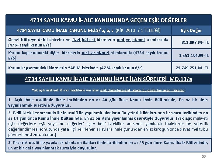 4734 SAYILI KAMU İHALE KANUNUNDA GEÇEN EŞİK DEĞERLER 4734 SAYILI KAMU İHALE KANUNU Md.