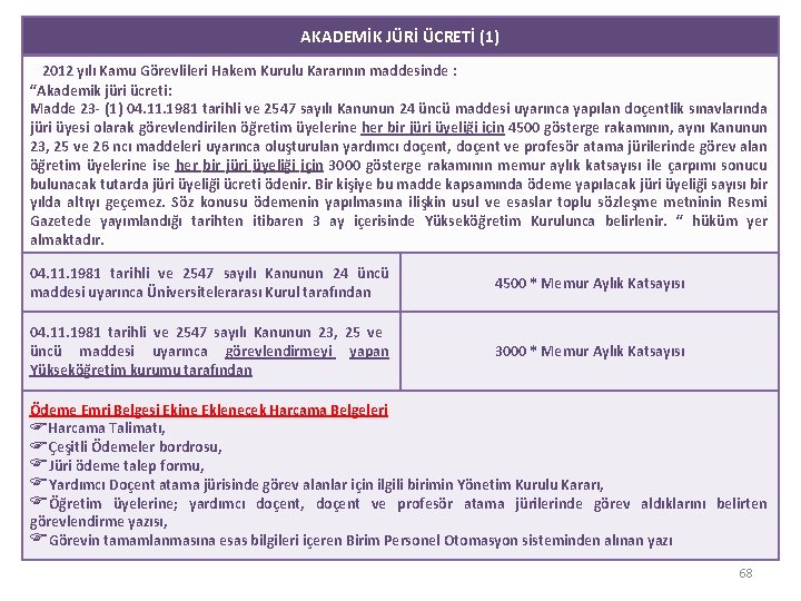 AKADEMİK JÜRİ ÜCRETİ (1) 2012 yılı Kamu Görevlileri Hakem Kurulu Kararının maddesinde : “Akademik