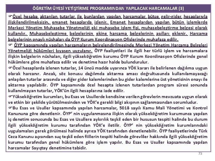 ÖĞRETİM ÜYESİ YETİŞTİRME PROGRAMINDAN YAPILACAK HARCAMALAR (3) Özel hesaba aktarılan tutarlar ile bunlardan yapılan