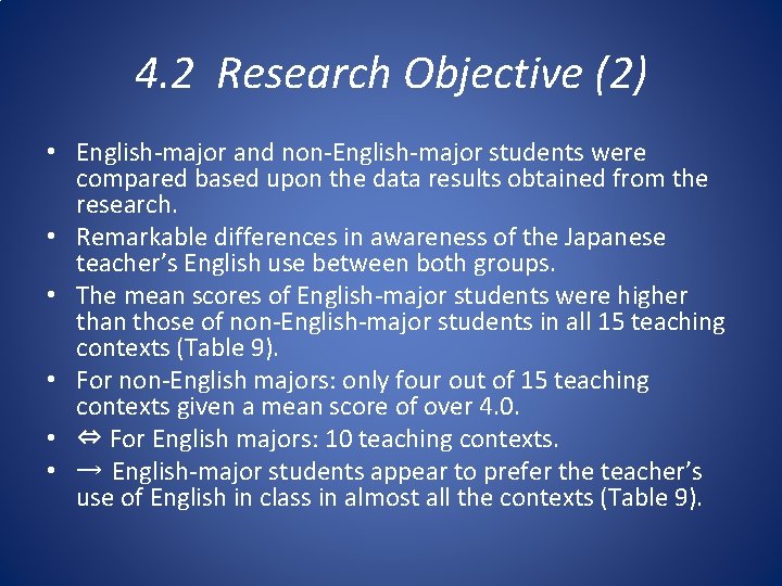4. 2 Research Objective (2) • English-major and non-English-major students were compared based upon