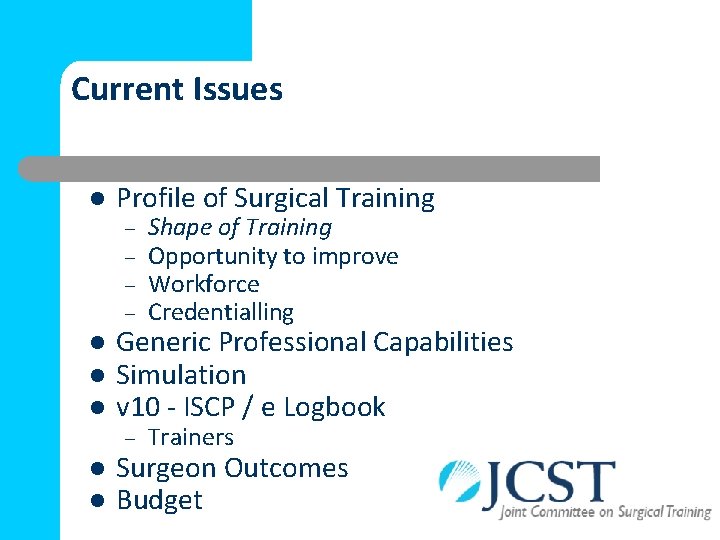 Current Issues l l l Profile of Surgical Training – – Shape of Training