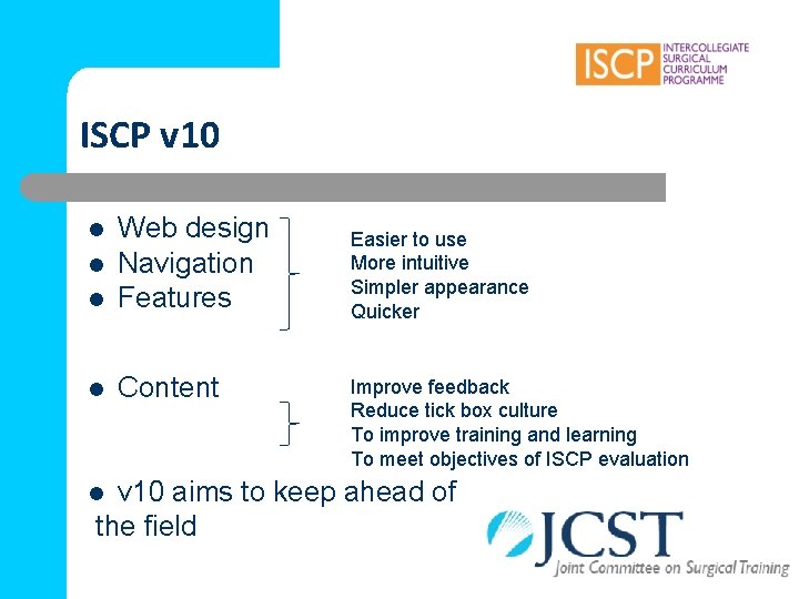 ISCP v 10 l Web design Navigation Features l Content l l Easier to