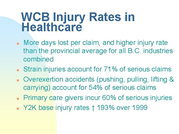 WCB Injury Rates in Healthcare n n n More days lost per claim, and