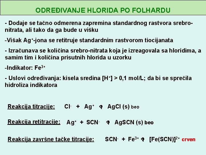 ODREĐIVANJE HLORIDA PO FOLHARDU - Dodaje se tačno odmerena zapremina standardnog rastvora srebronitrata, ali