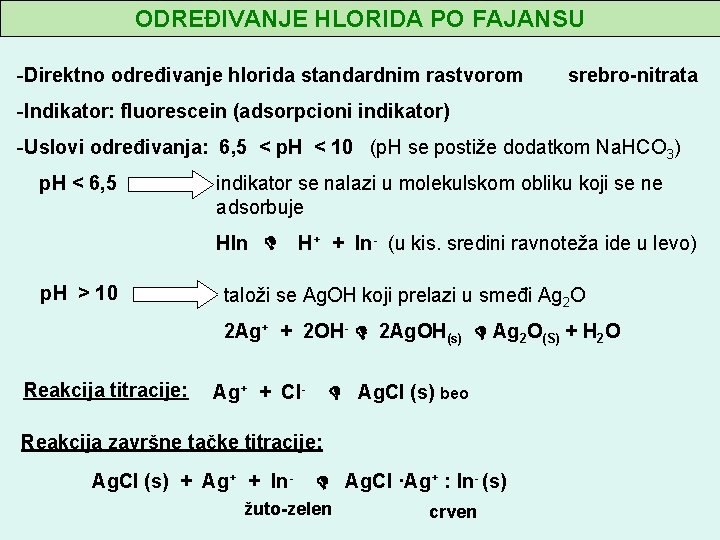 ODREĐIVANJE HLORIDA PO FAJANSU -Direktno određivanje hlorida standardnim rastvorom srebro-nitrata -Indikator: fluorescein (adsorpcioni indikator)