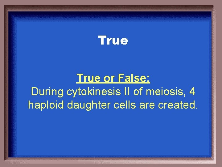 True or False: During cytokinesis II of meiosis, 4 haploid daughter cells are created.