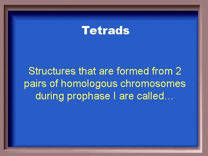 Tetrads Structures that are formed from 2 pairs of homologous chromosomes during prophase I