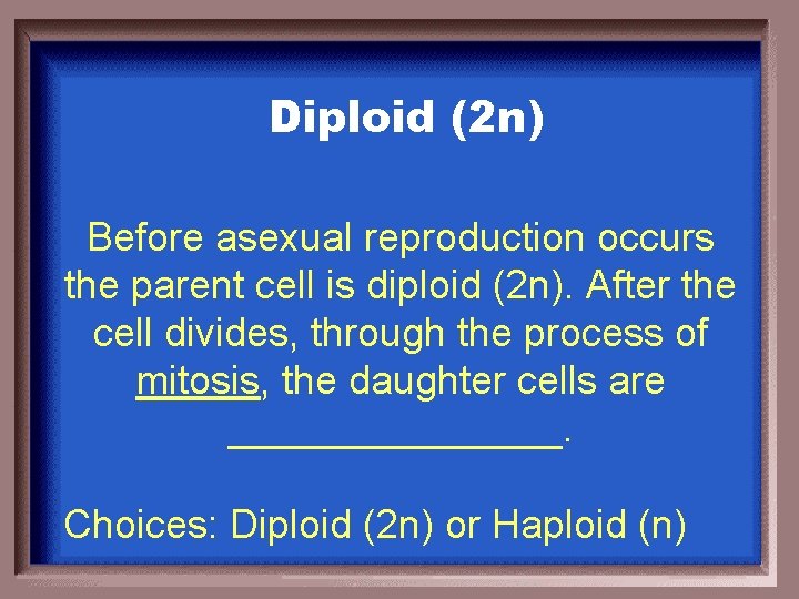 Diploid (2 n) Before asexual reproduction occurs the parent cell is diploid (2 n).