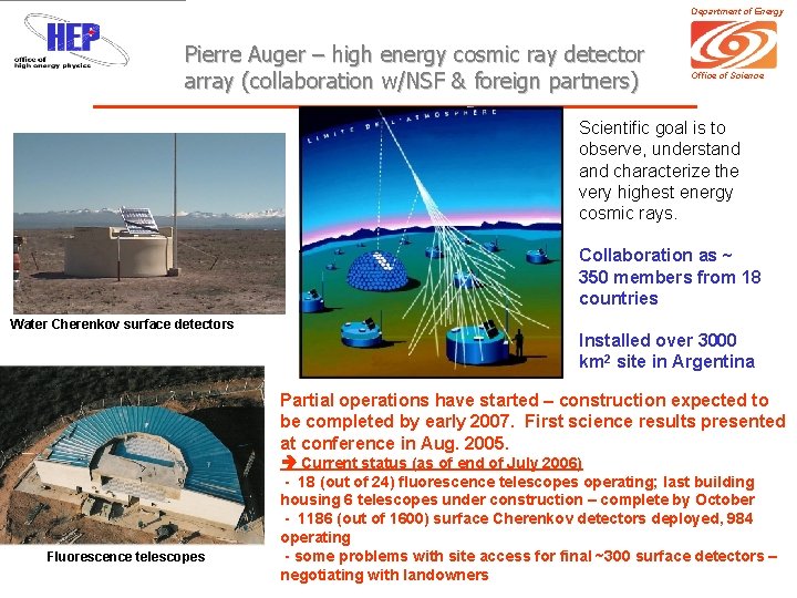 Department of Energy Pierre Auger – high energy cosmic ray detector array (collaboration w/NSF