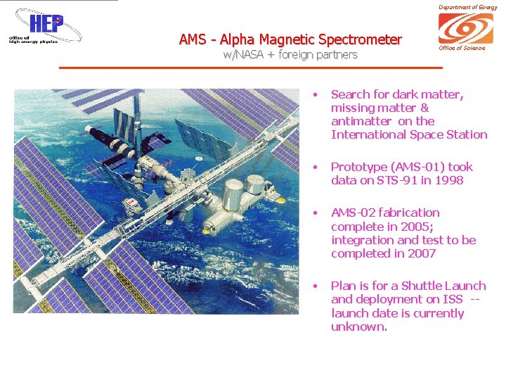 Department of Energy AMS - Alpha Magnetic Spectrometer w/NASA + foreign partners Office of