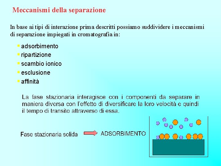 Meccanismi della separazione In base ai tipi di interazione prima descritti possiamo suddividere i