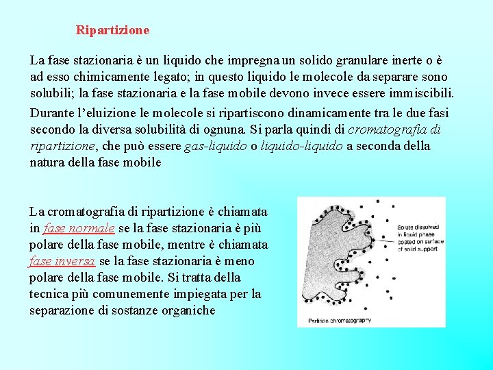 Ripartizione La fase stazionaria è un liquido che impregna un solido granulare inerte o