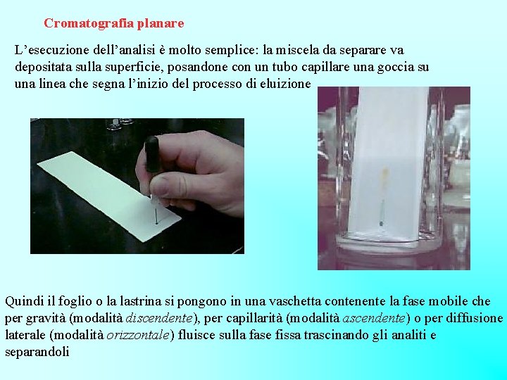 Cromatografia planare L’esecuzione dell’analisi è molto semplice: la miscela da separare va depositata sulla